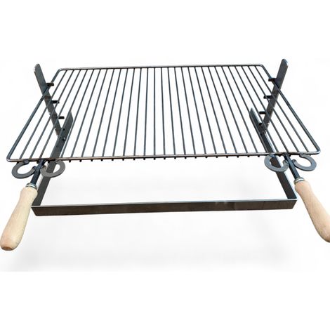 Griglia in ferro regolabile su più altezze, bistecchiera con manici in legno, per barbecue e camino per carne pesce verdure 60x36cm