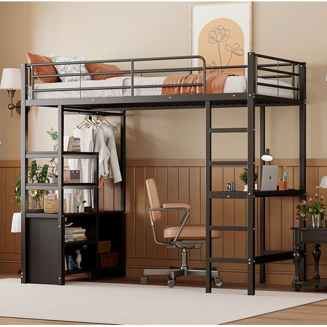 Cama alta de metal negro 90x200 cm con escritorio, estanterías, armario abierto, USB y enchufe (1/5)