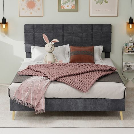 Lit 160x200cm - Lit Double 160x200cm - Lit Adulte avec Tête de Lit Design Quadrillé - Structure en Velours et Bois - Gris Foncé (1/5)