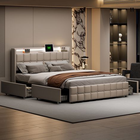 160x200cm Lit double capitonné, lit adulte LED avec tiroirs et chargeur USB, lit de rangement avec lumières LED réglables, lit en bois avec sommier à lattes, beige (1/5)