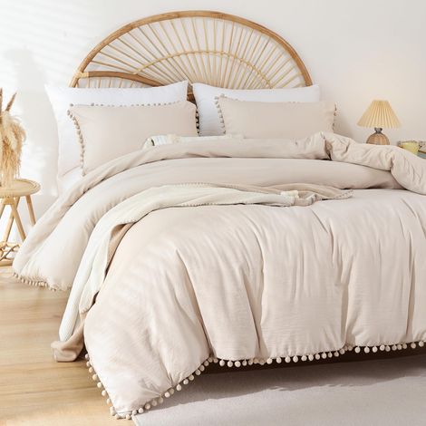 Parure de lit Douce pour lit Simple avec Franges à Pompons – 2 pièces, 1 Couette (167,6 x 228,6 cm) et 1 taie d'oreiller (50,8 x 66 cm), Beige (1/5)