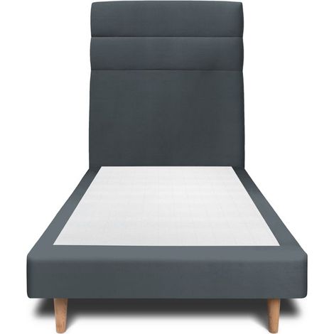 Lit 90x190cm avec tête de lit lignes velours et sommier tapissier gris anthracite - Hauteur totale : 29cm (1/4)