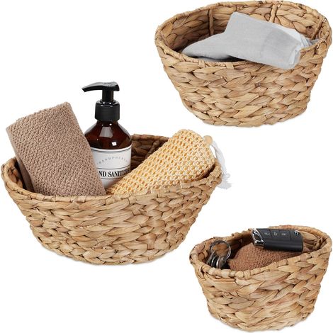 Relaxdays Cestino Portaoggetti, Set da 3, Aspetto Vimini, in Giacinto d'Acqua, Tre Misure, da Bagno e Armadio, Naturale