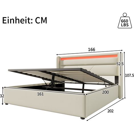 Lit double 160x200cm avec coffre hydraulique et éclairage LED intégré, tête de lit matelassée, fonctionnel, Blanc (télécommande incluse) (1/4)