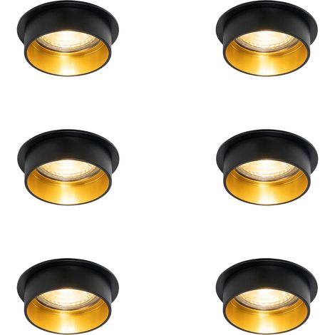 Set of 6 Modern Recessed Spotlights Black with Gold Interior - Insta