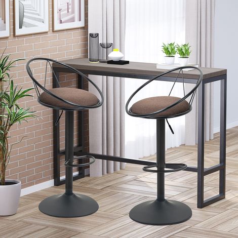 Set aus 2 drehbaren Barhockern mit Metallrückenlehne und Fußstütze, höhenverstellbar und gepolstertem Sitz für Wohnzimmer und Küche, Braun, 51 x 46 x 78–100 cm
