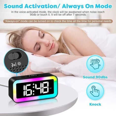 Sveglia digitale per bambini e adolescenti con luci notturne a 7 colori, LED, 2 modalità sveglia, luminosità regolabile, funzione snooze, controllo vocale, 12/24h, USB (1/3)