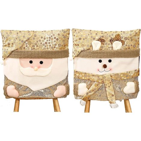 Lot de 2 housses de chaise de Noël, motifs mignons de Père Noël et de renne, housses de dossier de chaise à paillettes dorées pour la décoration de Noël de la maison et de la cuisine