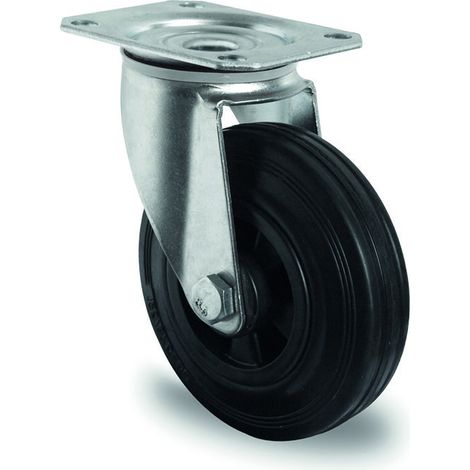 Roue industrielle 100mm caoutchouc noir plaque pivotante 70kg (1/2)