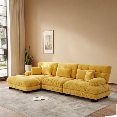 Sofa d'angle modulable en velours côtelé jaune avec poufs (1/5)