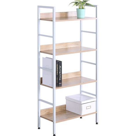 Woltu – Étagère de rangement en acier et MDF avec 4 tablettes – Couleur blanche et chêne clair – Dimensions 60x27,5x126cm – Capacité de charge 20kg (1/5)