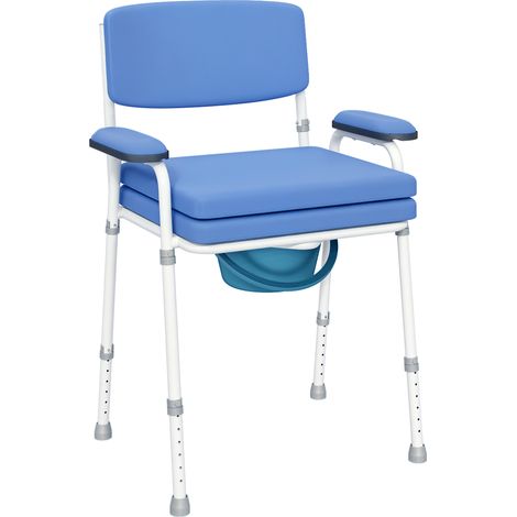Sedia comoda multifunzionale con secchio removibile, altezza regolabile, sedile e braccioli imbottiti, blu