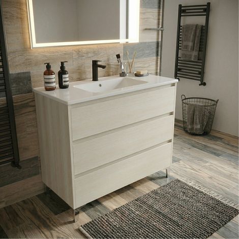 Meuble vasque L.100cm sur pied 3 tiroirs Chêne blanchi LISBONA - sans colonne (1/5)