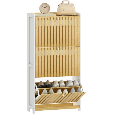 Meuble à chaussures 18 paires avec 3 tiroirs rabattables, portes en bambou à lattes, 60x24x118cm, blanc et bois naturel (1/5)