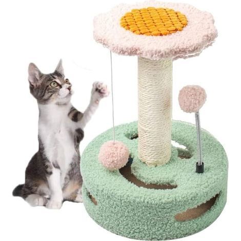 Arbre à chat tournesol - 35 cm de haut - Avec support d'observation - Balle en peluche stable - Tour à chat mignonne - Jouet en sisal - Corde de chanvre - Arbre à chat (1/5)