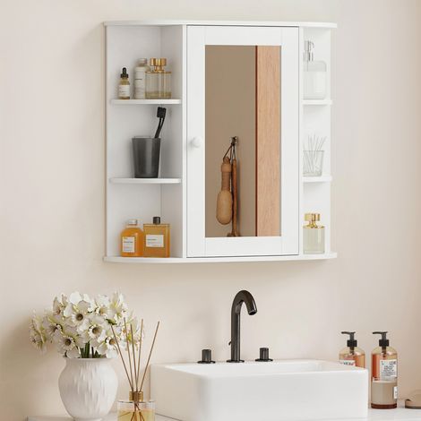 Meuble Salle de Bain Miroir avec Armoire Murale, Rangement Mural 1 Porte + Étagères Côtés, Toilettes, Blanc (1/5)