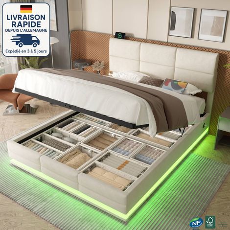 MODFU - Cama para adultos, cama con canapé, terciopelo, cabecero ajustable, iluminación LED ambiental, puerto USB/Tipo C, compartimento de almacenamiento con elevación hidráulica (colchón no incluido) (1/5)