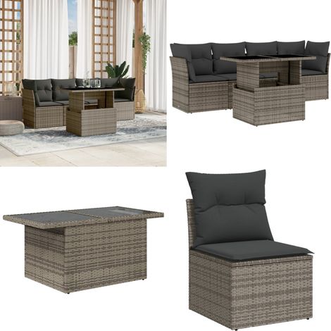 Set Divano da Giardino 5 pz con Cuscini Grigio in Polyrattan - Sedute angolari - Tavolo da giardino