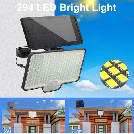 Lampes solaires d'extérieur à 294 LED avec détecteur de mouvement, 4 modes, IP65, 6000-6500K, applique murale solaire pour jardin, garage, (1/5)