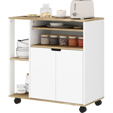 Chariot de cuisine roulant avec plan de travail, rangement à double porte, étagères réglables et roulettes freinées, bois clair et blanc, CHICFURN (1/5)