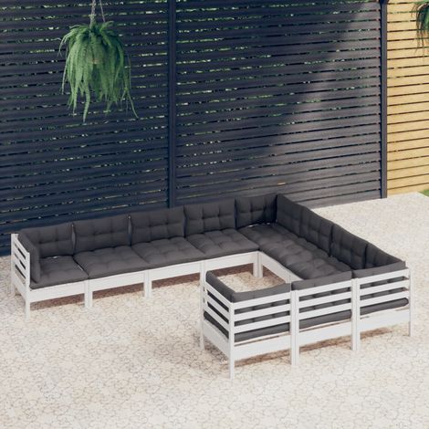 Salon de jardin 10 pcs Ensemble Table et Chaise de Jardin - avec coussins Blanc Bois de pin BV327945 - BonneVie (1/5)