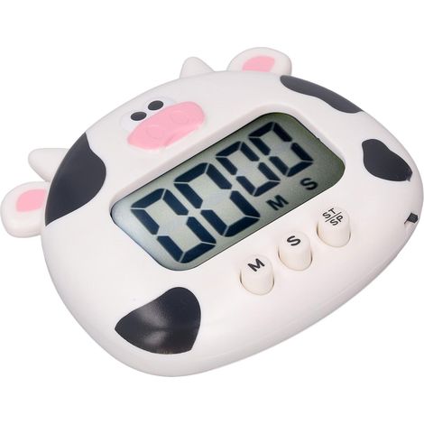 Minuteur de cuisine numérique avec compte à rebours, sons d'animaux et alertes lumineuses. Utilisation facile avec support pour apprendre à cuisiner. Vache blanche. (1/5)