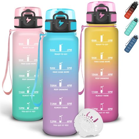 Gourde 1l, Gourde Sport avec Filtre, Anti Fuite Gourdes Graduée pour 1 Journee, Avec Marqueur de Temps, Verrou de Sécurité, Bouteille Motivationnelle pour Yoga, Extérieur, Voyage (1/5)