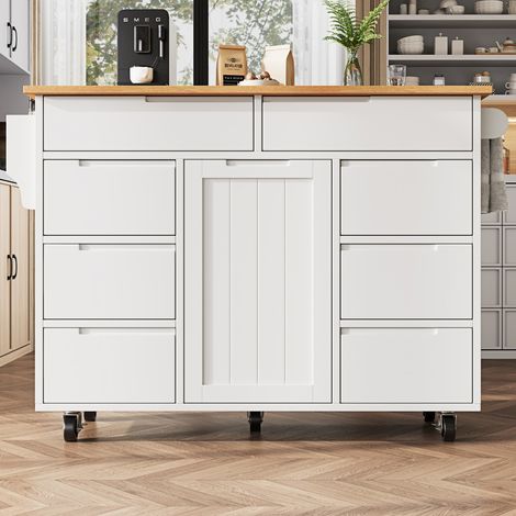 Desserte de cuisine-moderne-îlot-armoire-8 tiroirs-étagère à épices-chariot à roulettes-122x74,5x91,5cm (1/5)