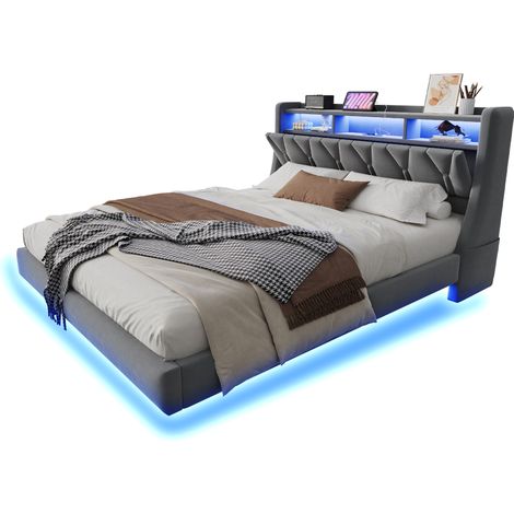 Lit rembourré velours gris 180x200 cm avec tête de lit rabattable, LED, prises et rangement, sommier à lattes inclus (1/5)
