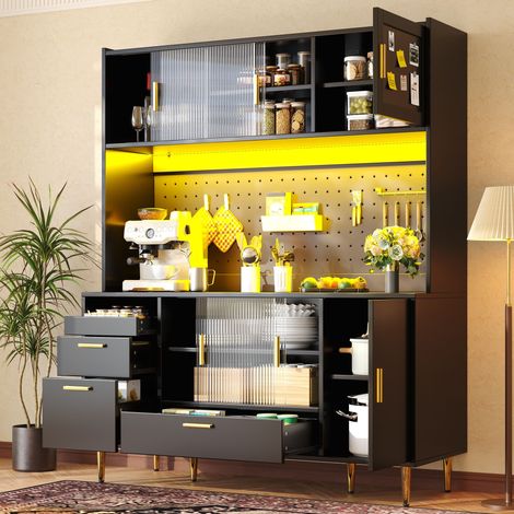 Buffet de cuisine led 140x40x180cm meuble haut portes vitrées coulissantes panneau perforé charge 60kg - mdf - noir (1/5)