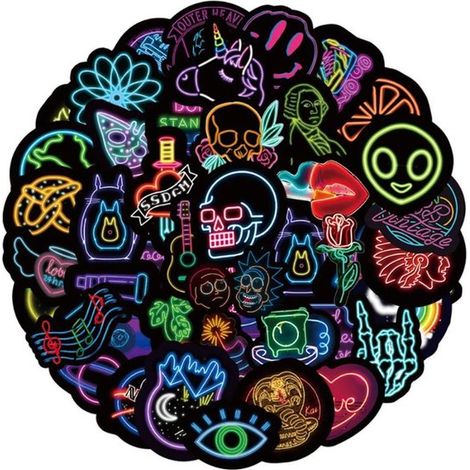 Lot de 50 autocollants néon - Imperméables et résistants aux UV - En PVC haute qualité - Pour ordinateur portable, téléphone, skateboard, réfrigérateur, valise, douche - Stickers décoratifs (1/5)