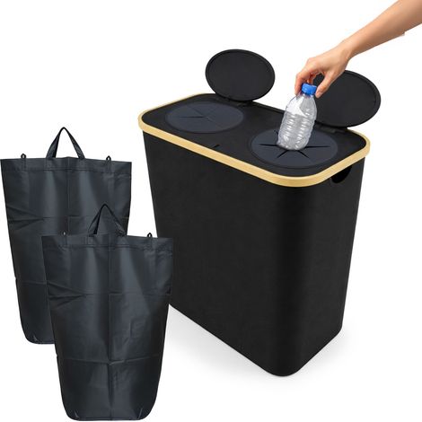 Relaxdays Recipiente para botellas reciclables, 140 l, hasta 60 botellas, 2 bolsillos, recolector negro