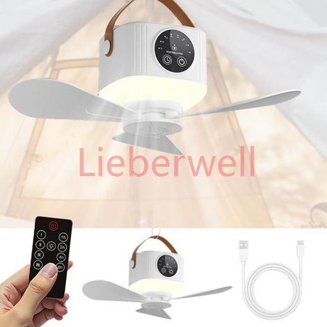 Ventilateur de plafond avec éclairage pour camping,tente,extérieur,petit ventilateur de plafond avec batterie 7200 mAh,télécommande (1/5)