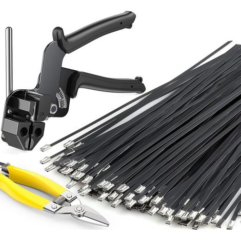 Schwarze Kabelbinder aus Metall, inklusive Spezialwerkzeug zum Befestigen und Schneiden, 150 Stück, 30 cm (11,8 Zoll), vielseitige Kabelbinder aus Edelstahl