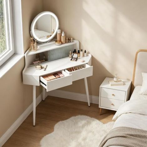 Coiffeuse angle,63x99x139cm,coiffeuse moderne,coiffeuse miroir 360 rotatif,avec miroir 3 couleurs led,coiffeuse avec tiroirs,meuble de maquillage chic pour chambre,Blanc (1/5)