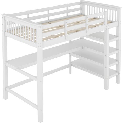Kinder-Hochbett 90 x 200 cm mit Schreibtisch und Regalen, Weiß – HOMVRA (1/5)