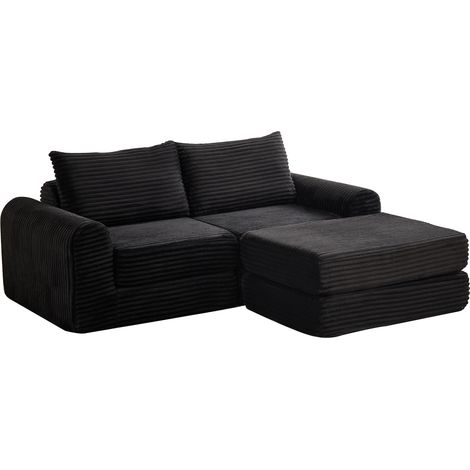 Sofá cama modular de pana negra con 2 cojines y reposapiés extraíble HOMVRA (1/5)