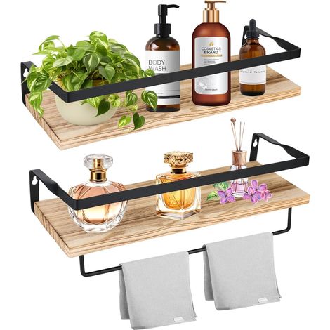 Set of 2 Wooden Wall Mounted Shelves with Towel Rack, 40cm Rustic Floating Wall Shelf Decorative Wall Shelf for Kitchen, Bathroom, Laundry Room, Living Room etc (1/5)