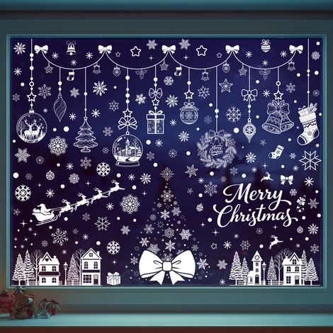 Autocollants de Noël, autocollants du Nouvel An russe, silhouettes de villes blanches, scènes d'hiver enneigées, autocollants de flocons de neige pour fenêtres.