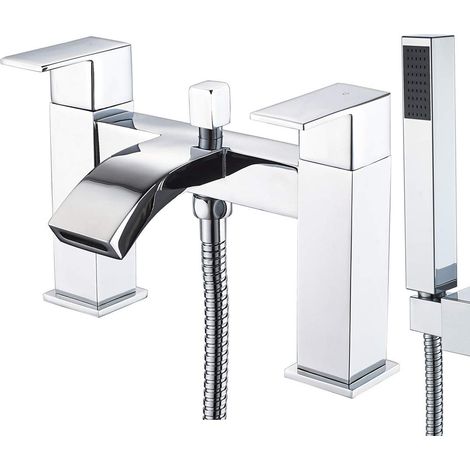 Robinets de baignoire avec douche, cascade de salle de bain, robinet mitigeur de baignoire en laiton chromé à double levier avec pommeau de douche à main (1/5)