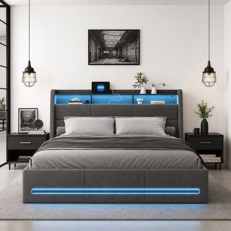 Lit coffre 160x200 cm en lin gris, tête rembourrée avec LED et USB, rangement hydraulique, cadre métal et sommier à lattes, chambre ou studio moderne (1/5)