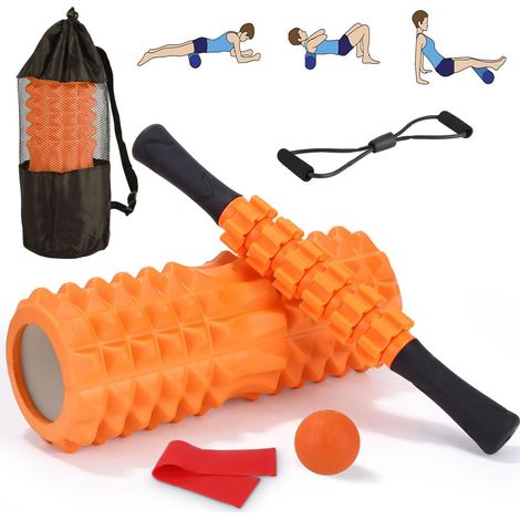 Rodillo de espuma naranja 5 en 1 para masaje, rodillo para masaje de espalda, bastón de masaje, pelota de masaje, tensor, banda de resistencia para masaje, kit de accesorios de fitness y pilates. (1/5)