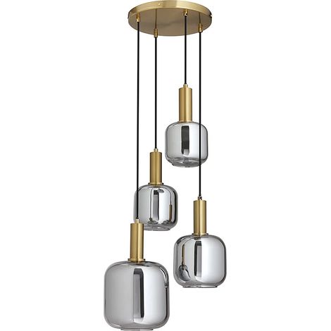 Lustre en métal et verre fumé 4 globes - L. 48 x H. 140 cm - Doré et gris fumé - GALRON (1/4)