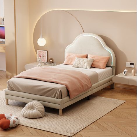 MEUBLIV Cama 90x200 cm beige – cabecero nube LED, sin colchón (1/5)