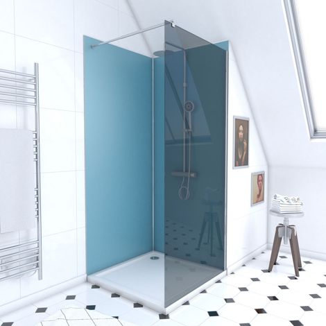 Pack Ducha 90x90 - Paneles Azul/Cromato + Plato + Mampara Vidrio Ahumado (1/4)