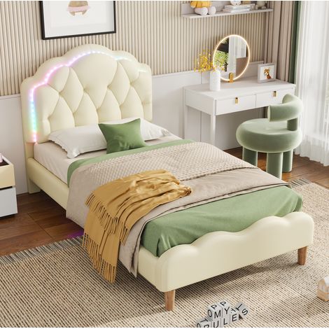 Letto singolo 90x200 cm in PU beige, LED multicolori per camera, senza materasso FloraGrace (1/5)
