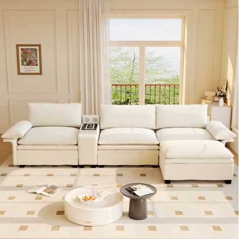 Modulares Ecksofa 315x70x85 cm Beige/Weiß Chenille mit Stauraum, Bluetooth-Lautsprechern, Licht und kabellosem Laden (1/5)