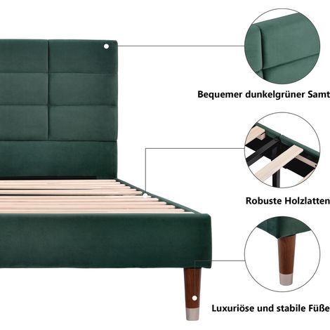 Lit double rembourré 140x200cm avec sommier, tête de lit en velours vert foncé, matelas inclus, pour adultes et ados (1/5)