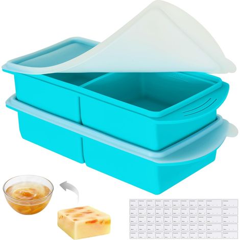 Lot de 2 Bacs de Congélation en Silicone avec Couvercles – Moule Portion Soupe, Bouillon, Sauce, Purée Bébé – Empilable, Sans BPA, Démoulage Facile (Bleu - 2Compartiments × 500ML) (1/5)