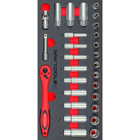 Mw Tools – Coffret multi-outils 28 pièces 3/8 – Douilles 6 à 19 mm – Raccord universel et clé à cliquet – Rangement en mousse – MWD3828